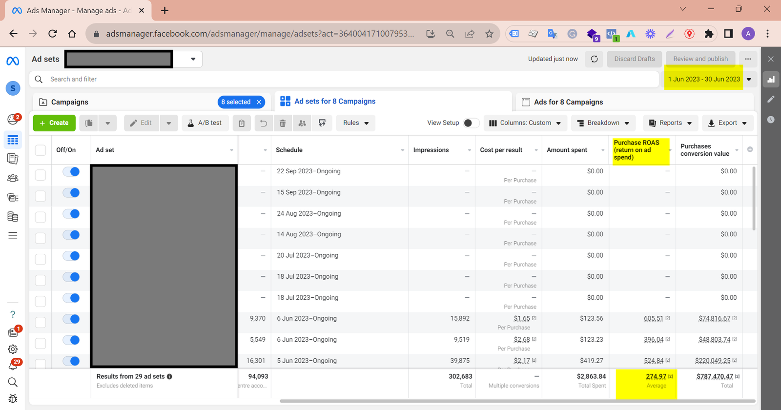 Anonymised Meta Ads ad-set report for a SaaS purchase campaign across markets