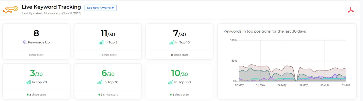 Anonymised keyword-tracking snapshot showing ranking positions and movement