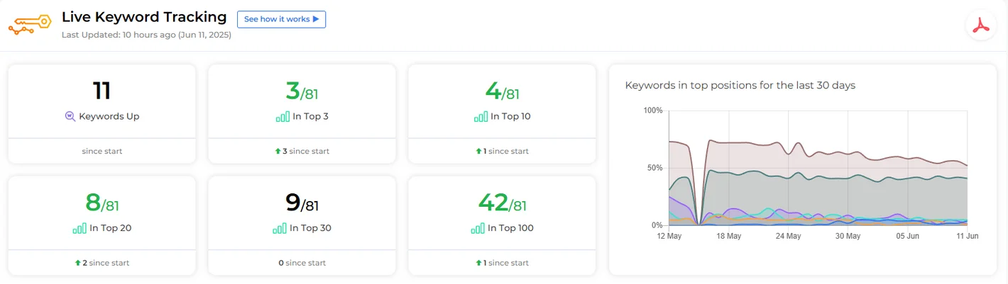 Anonymised keyword-tracking snapshot showing ranking positions and movement