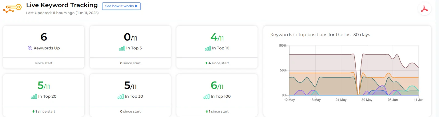 Anonymised keyword-tracking snapshot showing ranking positions and movement