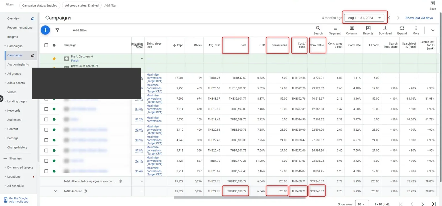 Anonymised Google Ads campaign performance report with account details masked